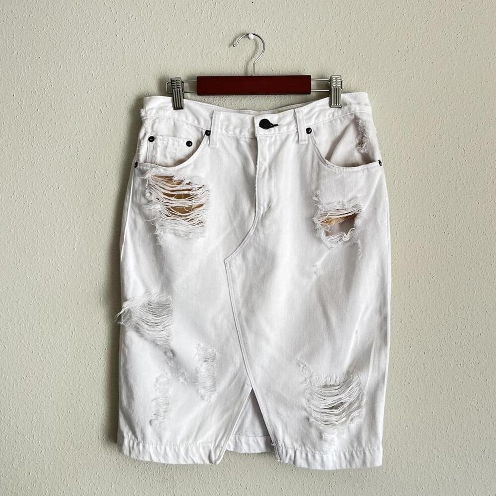 Rag & Bone White Denim Distressed Midi Skirt